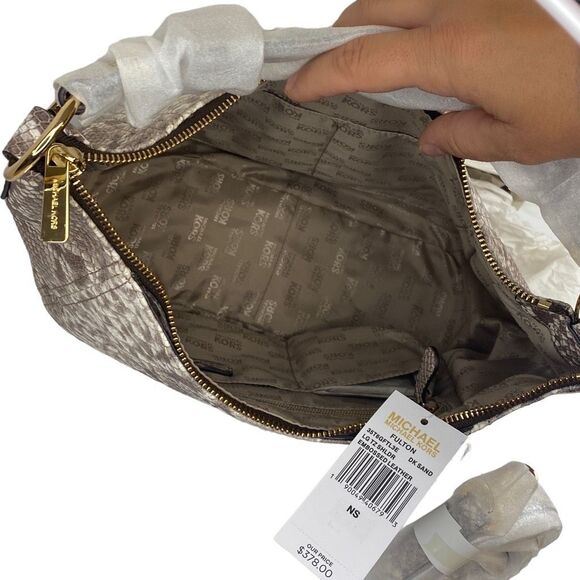 MK Michael Kors Purse Fulton Top Zip Shoulder Bag Dark Sand Embossed Leather NWT - Picture 9 of 13